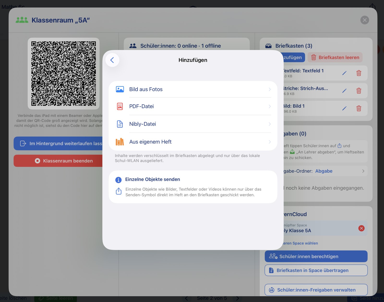 Mailbox "Add" dialog with image from Photos, PDF, Nibly file and "From your own notebook"